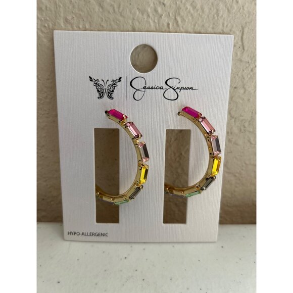 Jessica Simpson Jewelry - Jessica Simpson Multi-Color Crystal Hoop Earrings Hypoallergenic Gold-Tone
